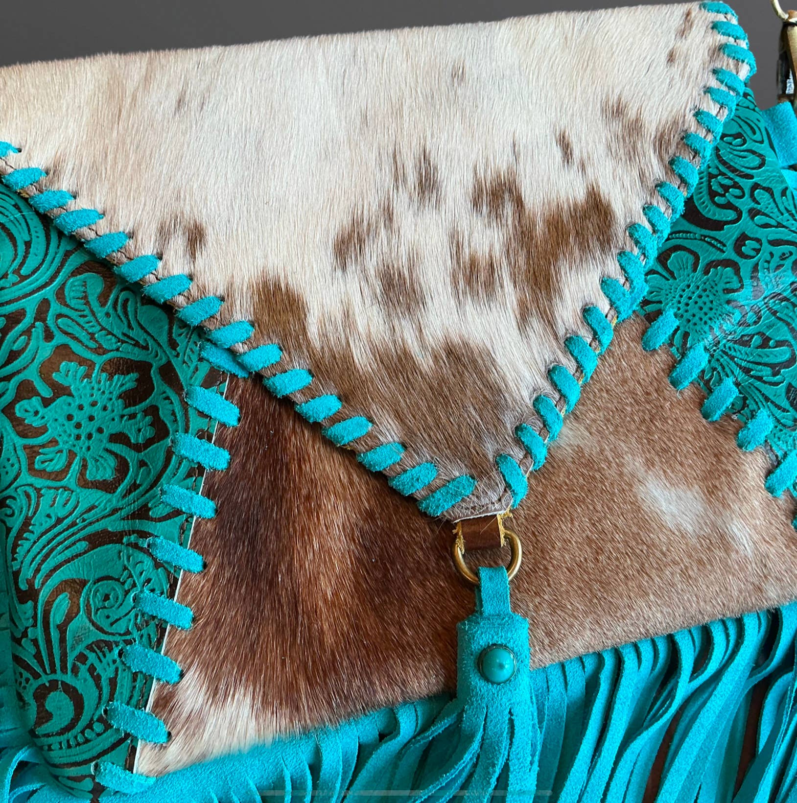 Western Turquoise Fringe Cowhide Leather Handbag