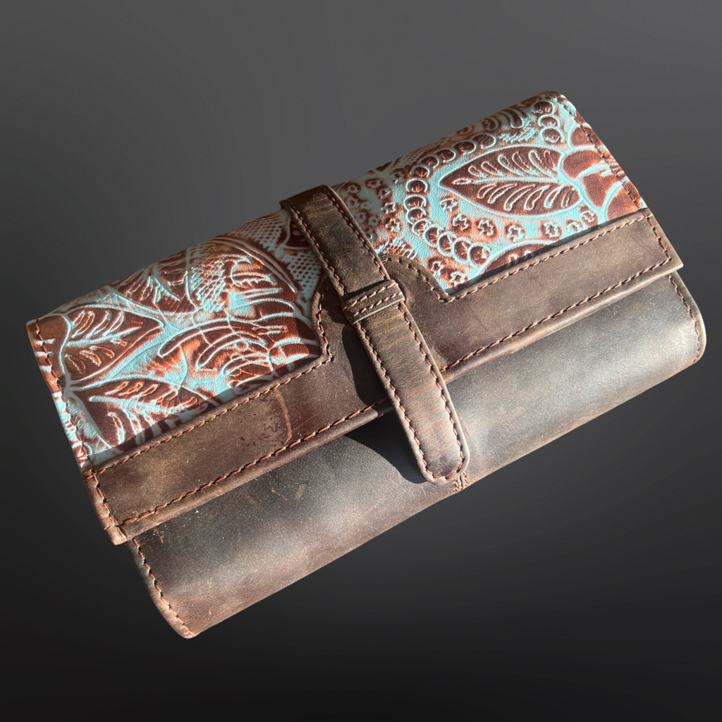 Western Embossed Leather Crossbody Wallet Cell Phone Size