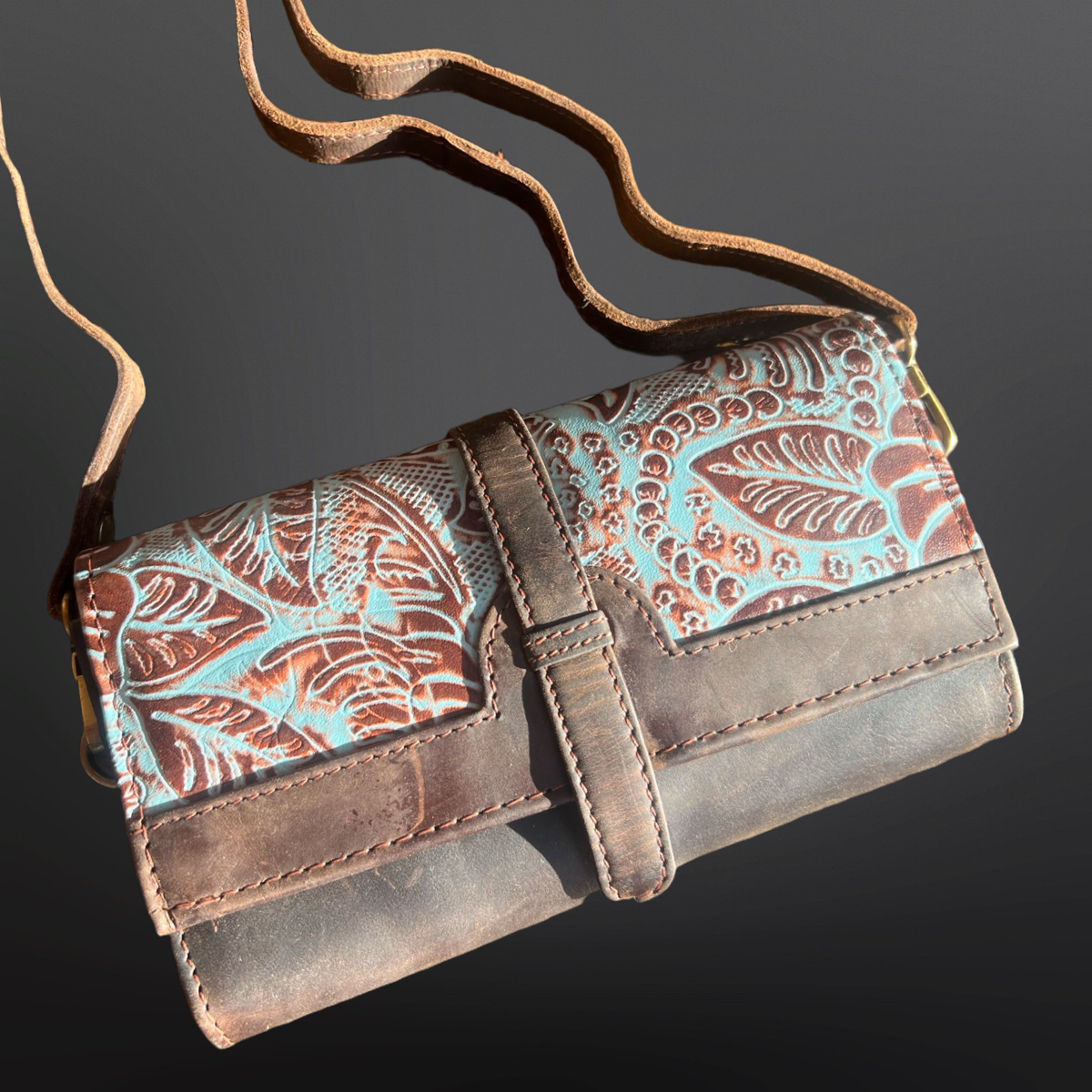 Western Embossed Leather Crossbody Wallet Cell Phone Size