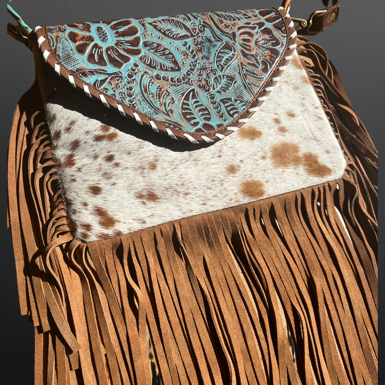Cowhide Embossed Leather Fringe Handbag