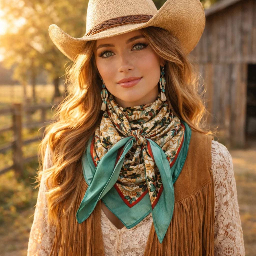 Emerald and Tan Floral Wild Rag / Scarf 35X35"