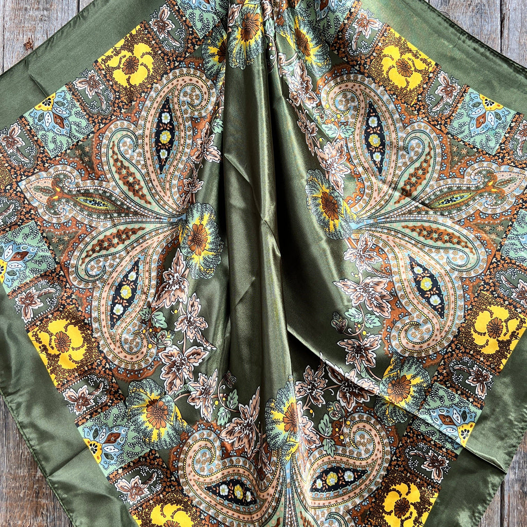 Olive Tone Paisley Wild Rag / Scarf 35X35"