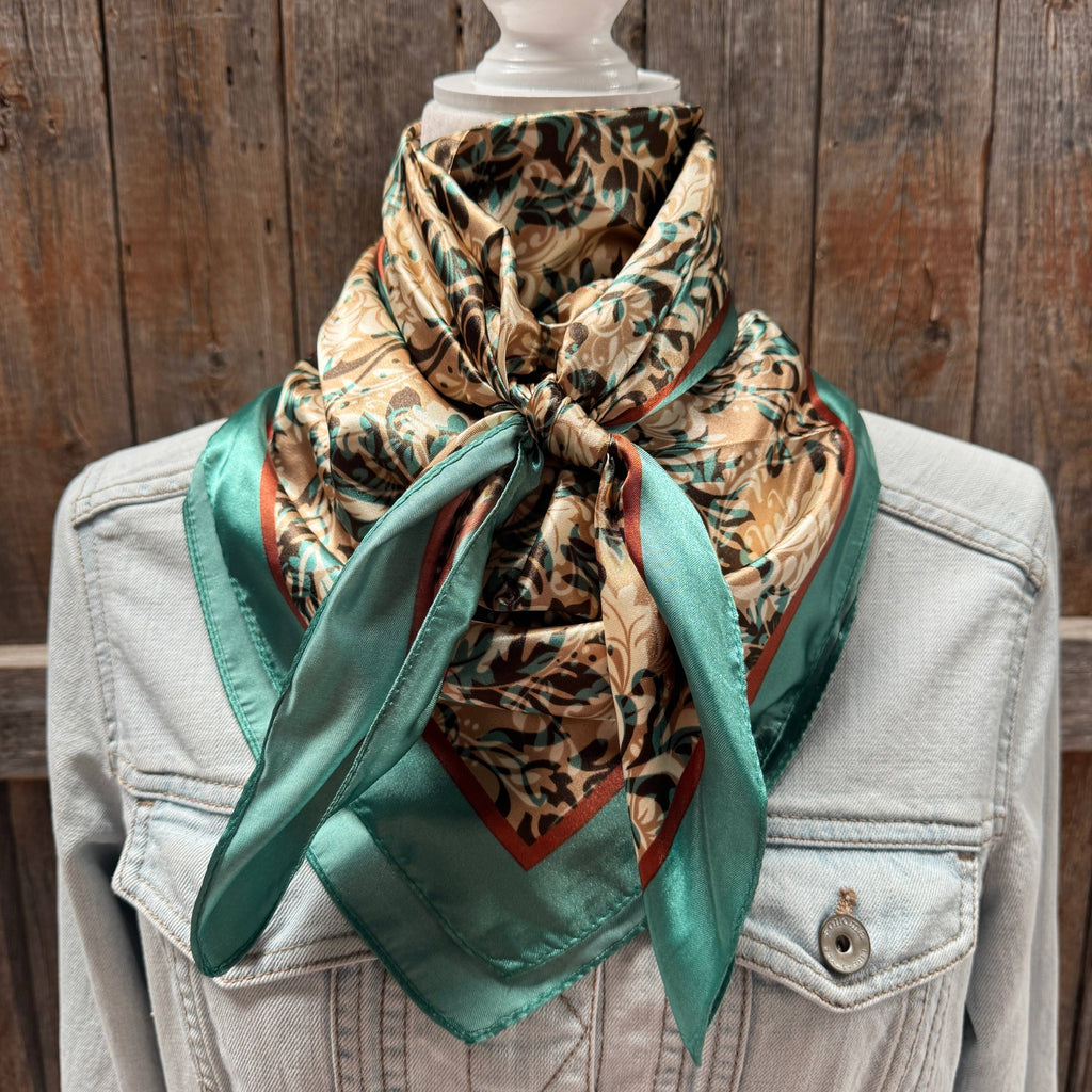 Emerald and Tan Floral Wild Rag / Scarf 35X35"