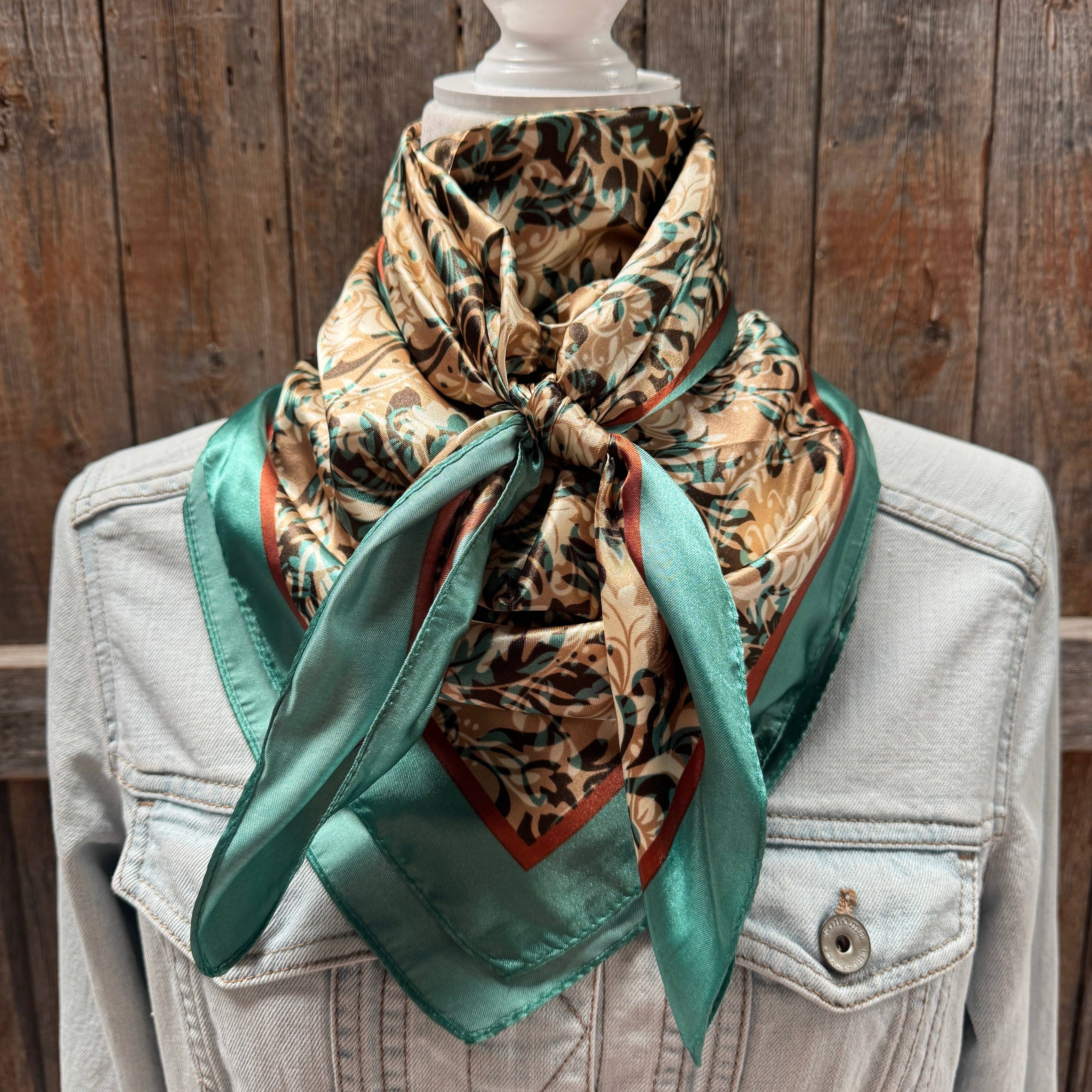 Emerald and Tan Floral Wild Rag / Scarf 35X35"