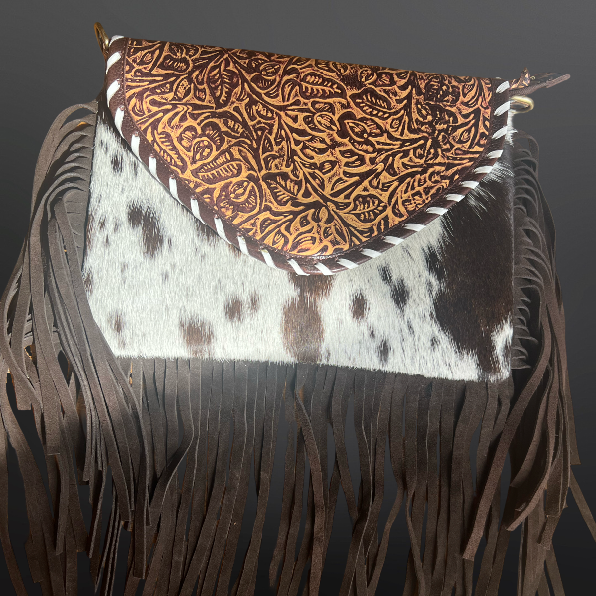 Cowhide Embossed Leather Fringe Handbag
