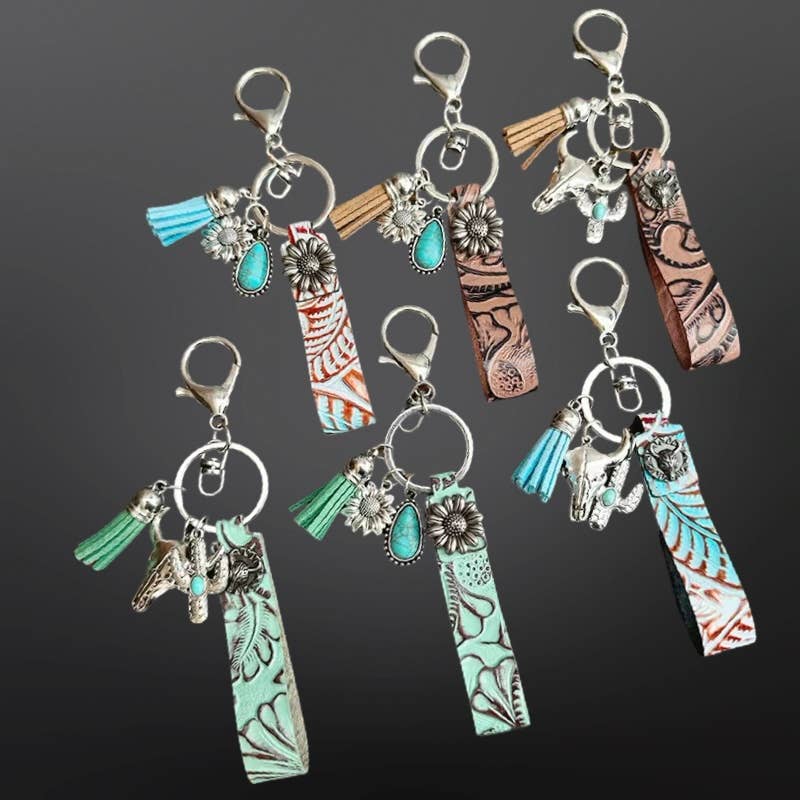 Faux Embossed Leather Western Keychain with Charms