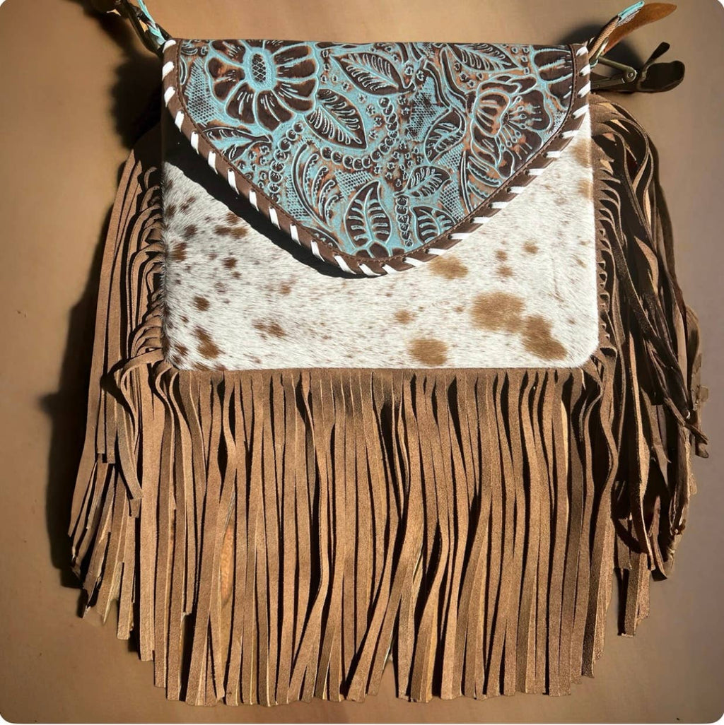 Cowhide Embossed Leather Fringe Handbag