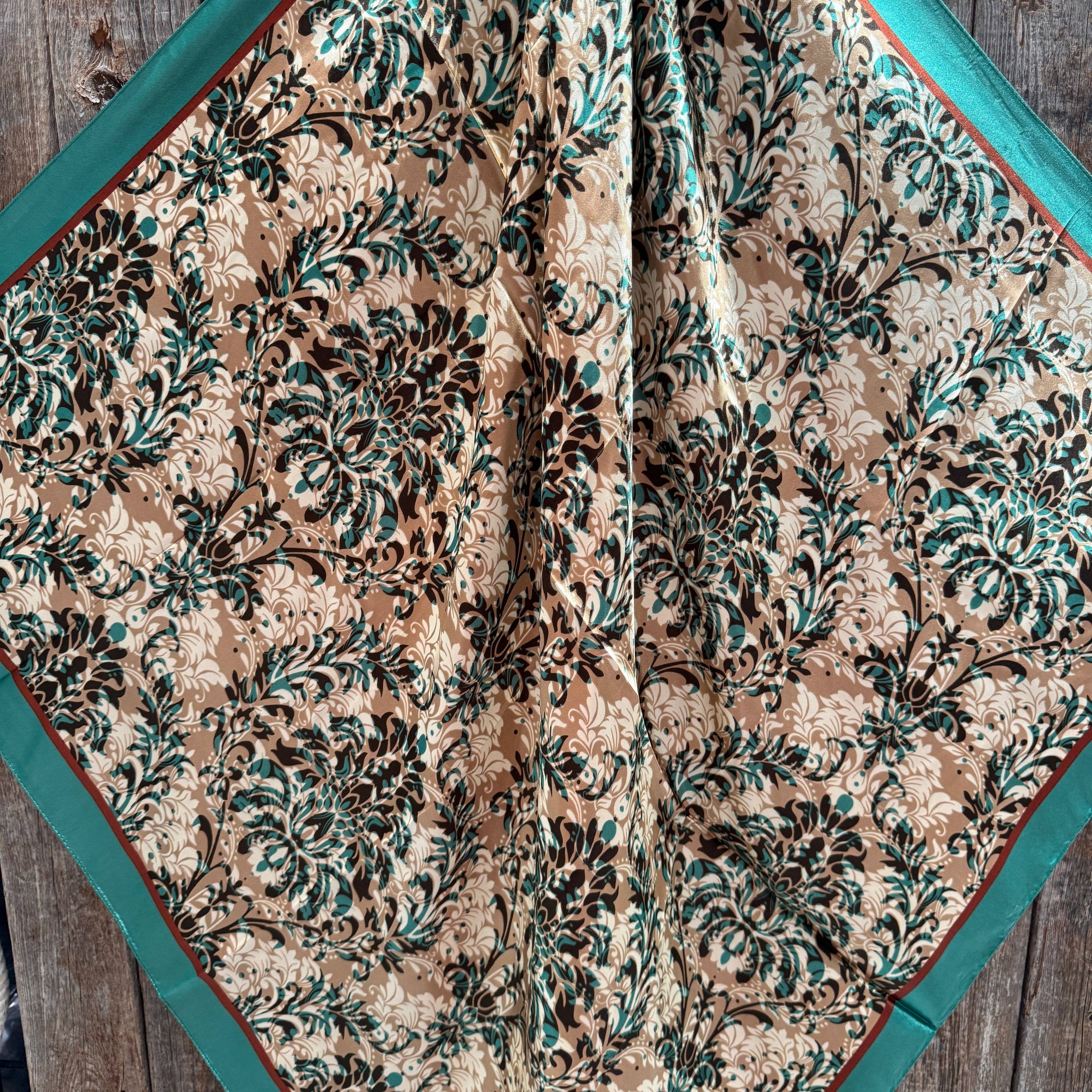 Emerald and Tan Floral Wild Rag / Scarf 35X35"