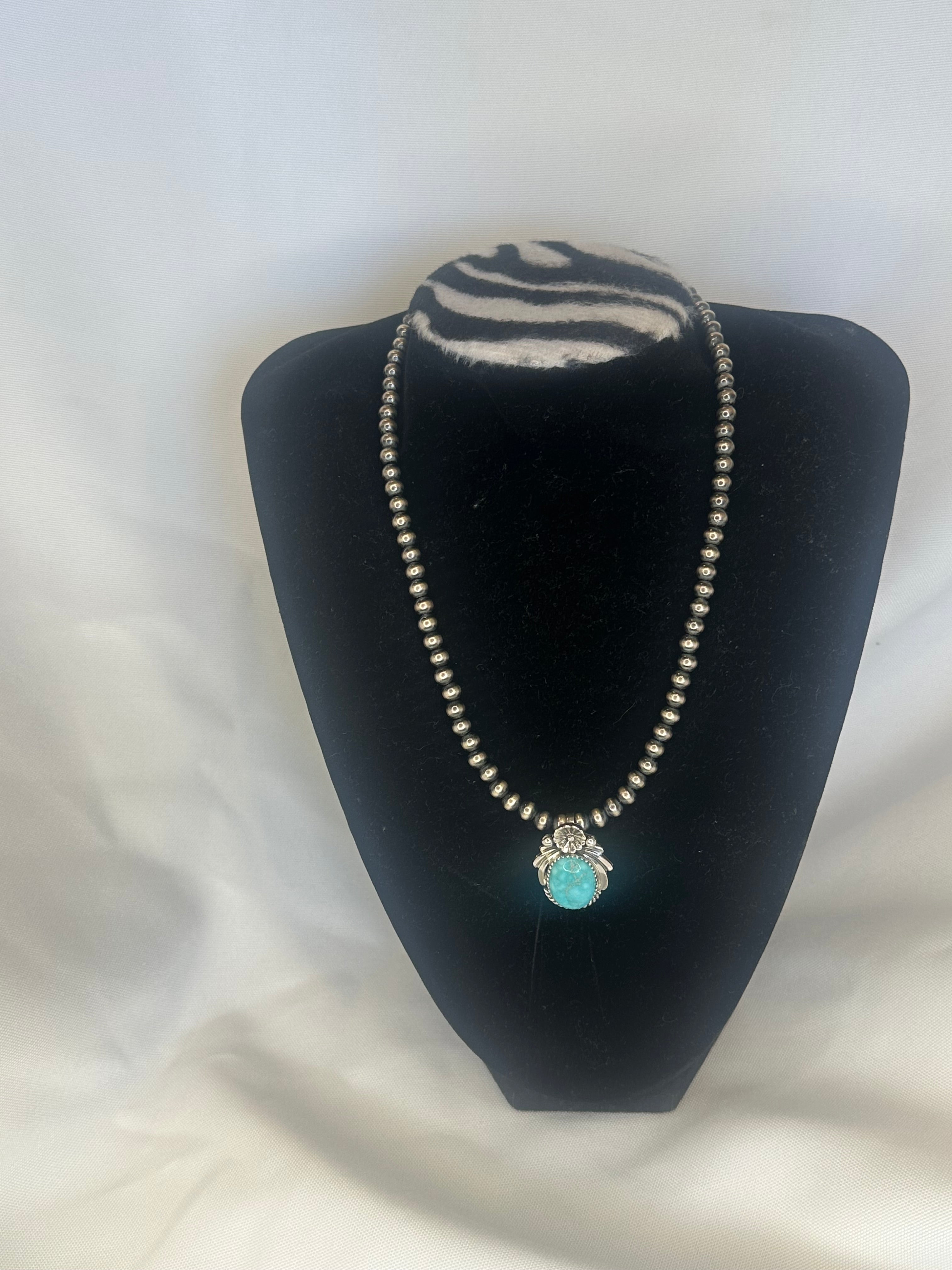 Turquoise Pendant with 5mm Sterling Silver Bead Necklace
