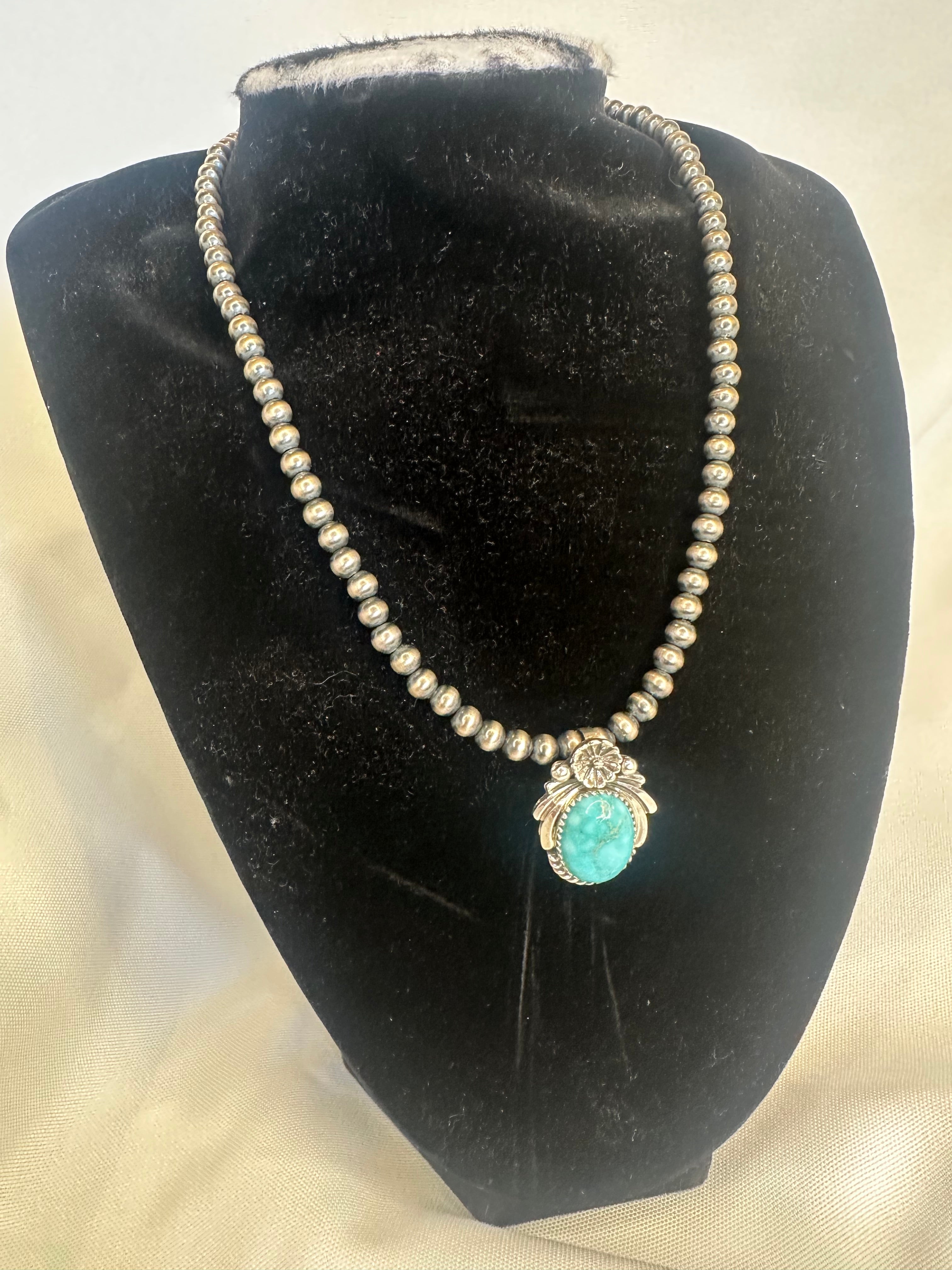 Turquoise Pendant with 5mm Sterling Silver Bead Necklace