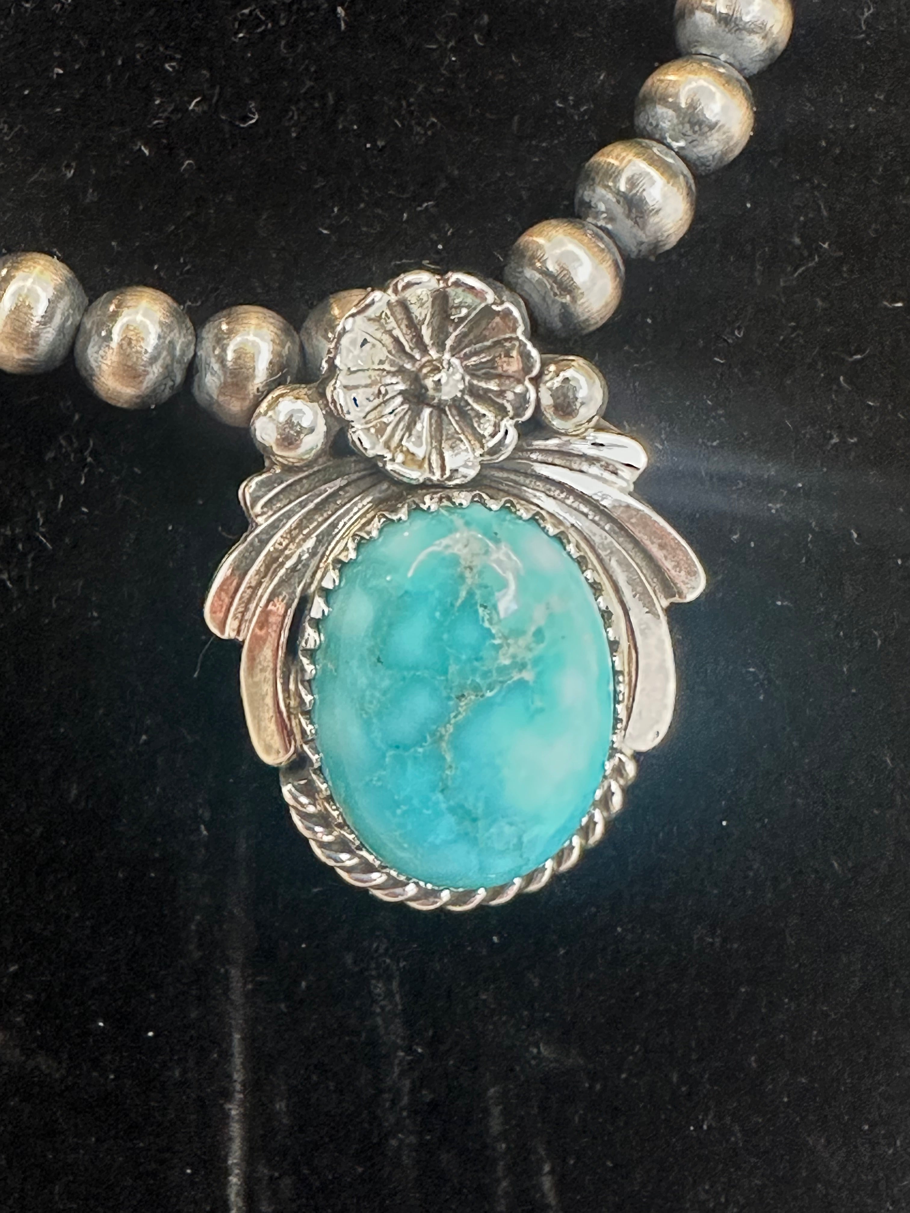 Turquoise Pendant with 5mm Sterling Silver Bead Necklace