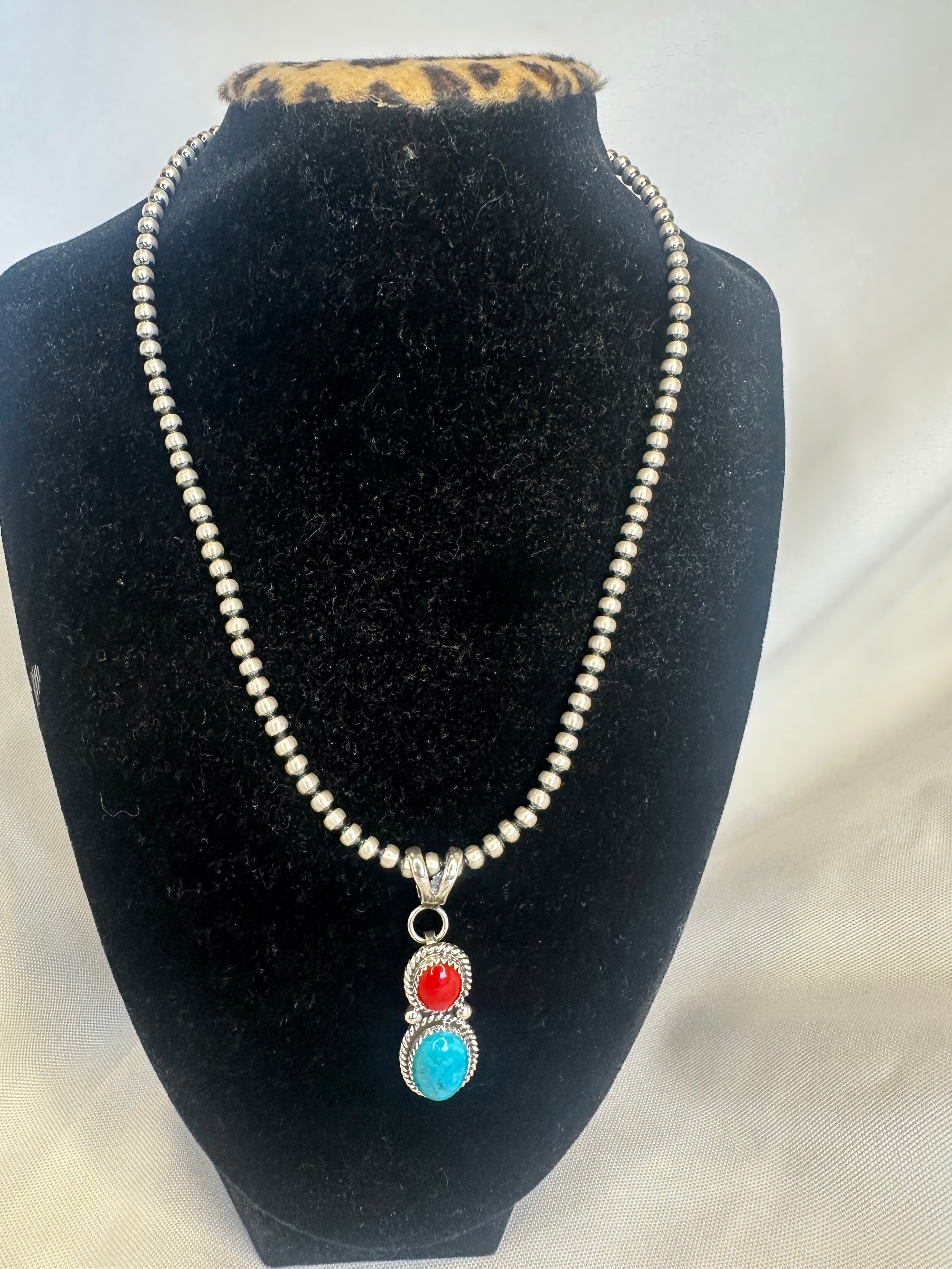 Turquoise & Coral Pendant with Sterling Silver Bead Necklace - 16"