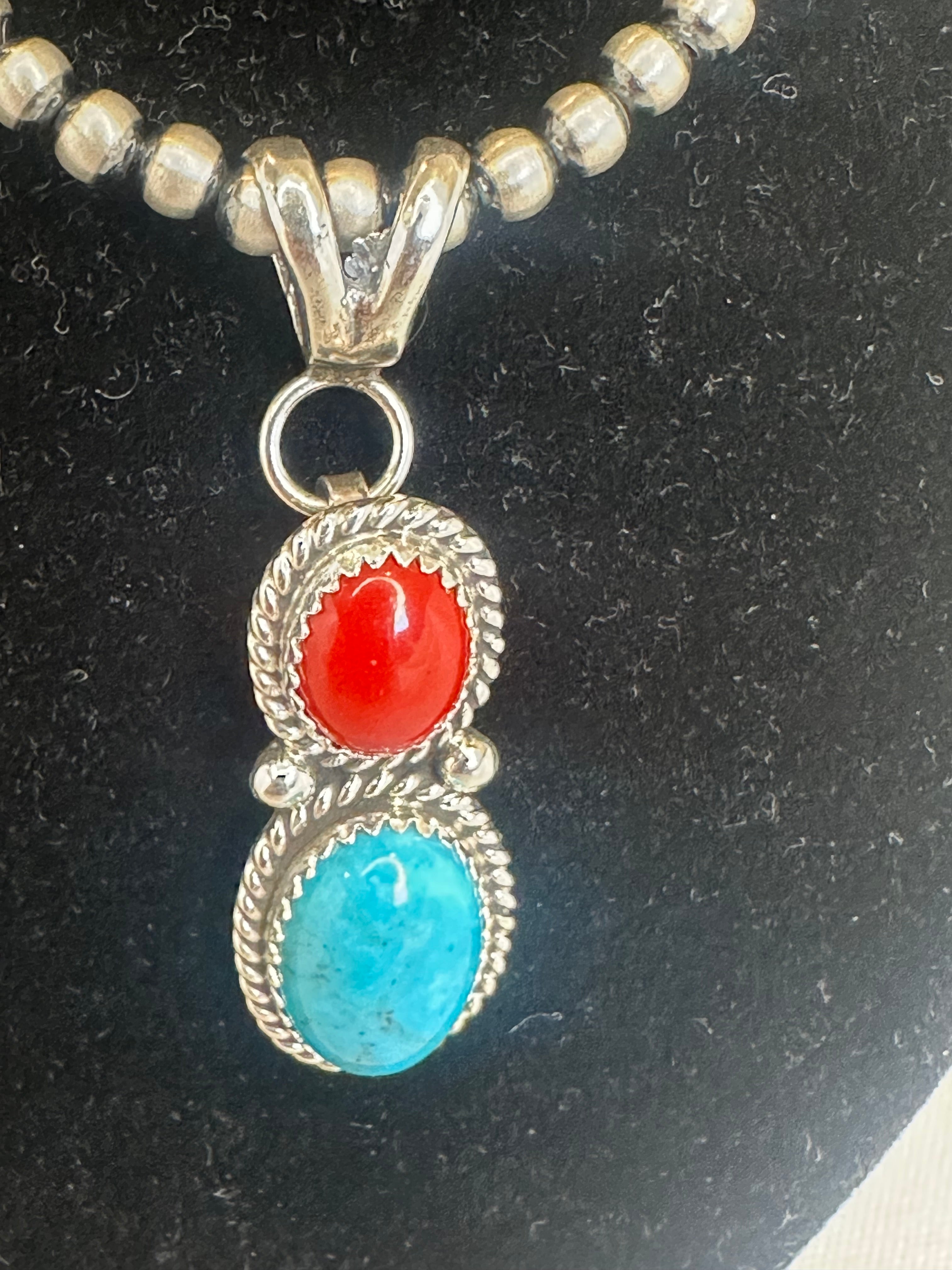 Turquoise & Coral Pendant with Sterling Silver Bead Necklace - 16"