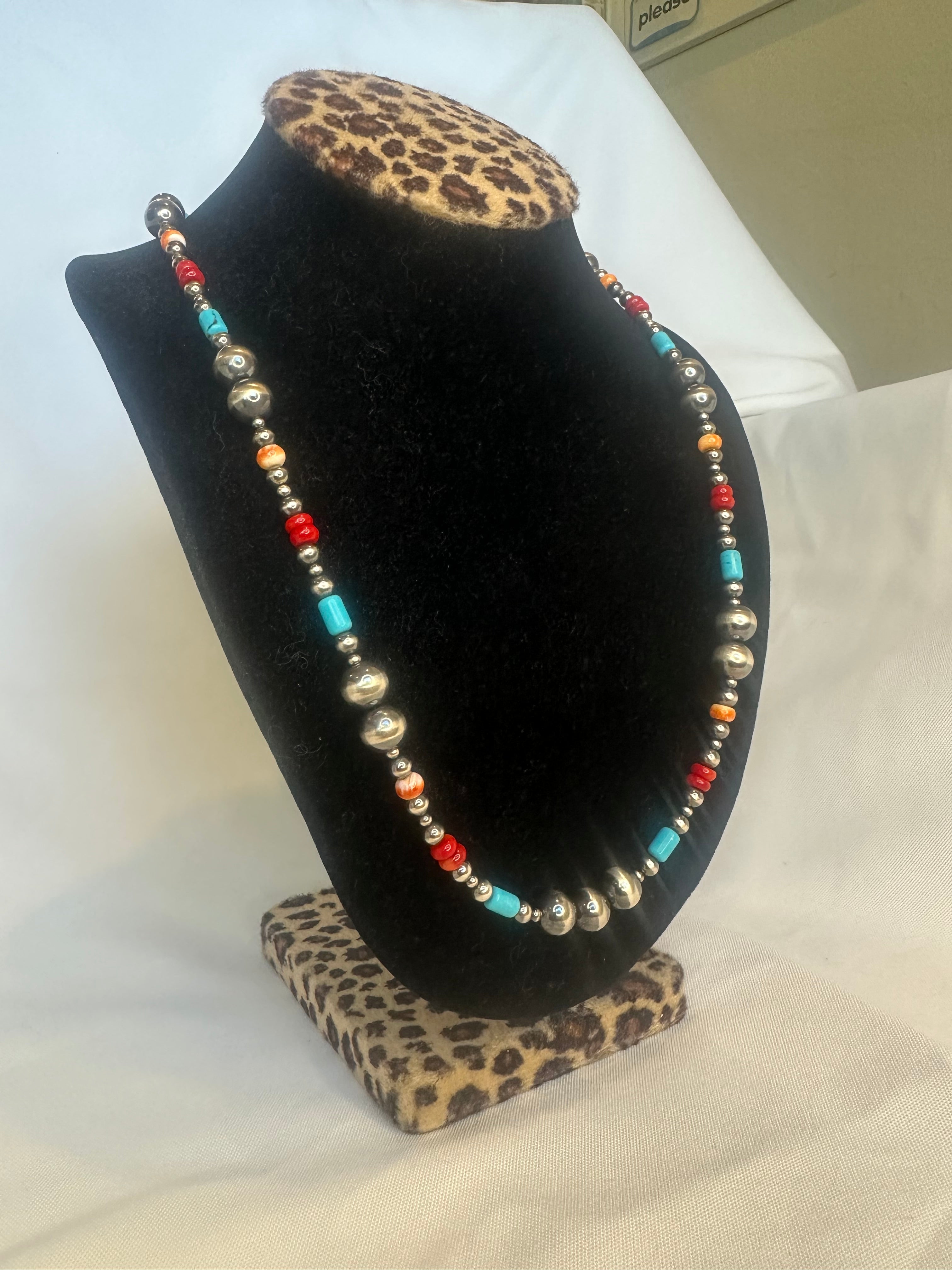 Navajo Multi-Stone Desert Pearl Necklace - Turquoise, Coral & Spiny Oyster