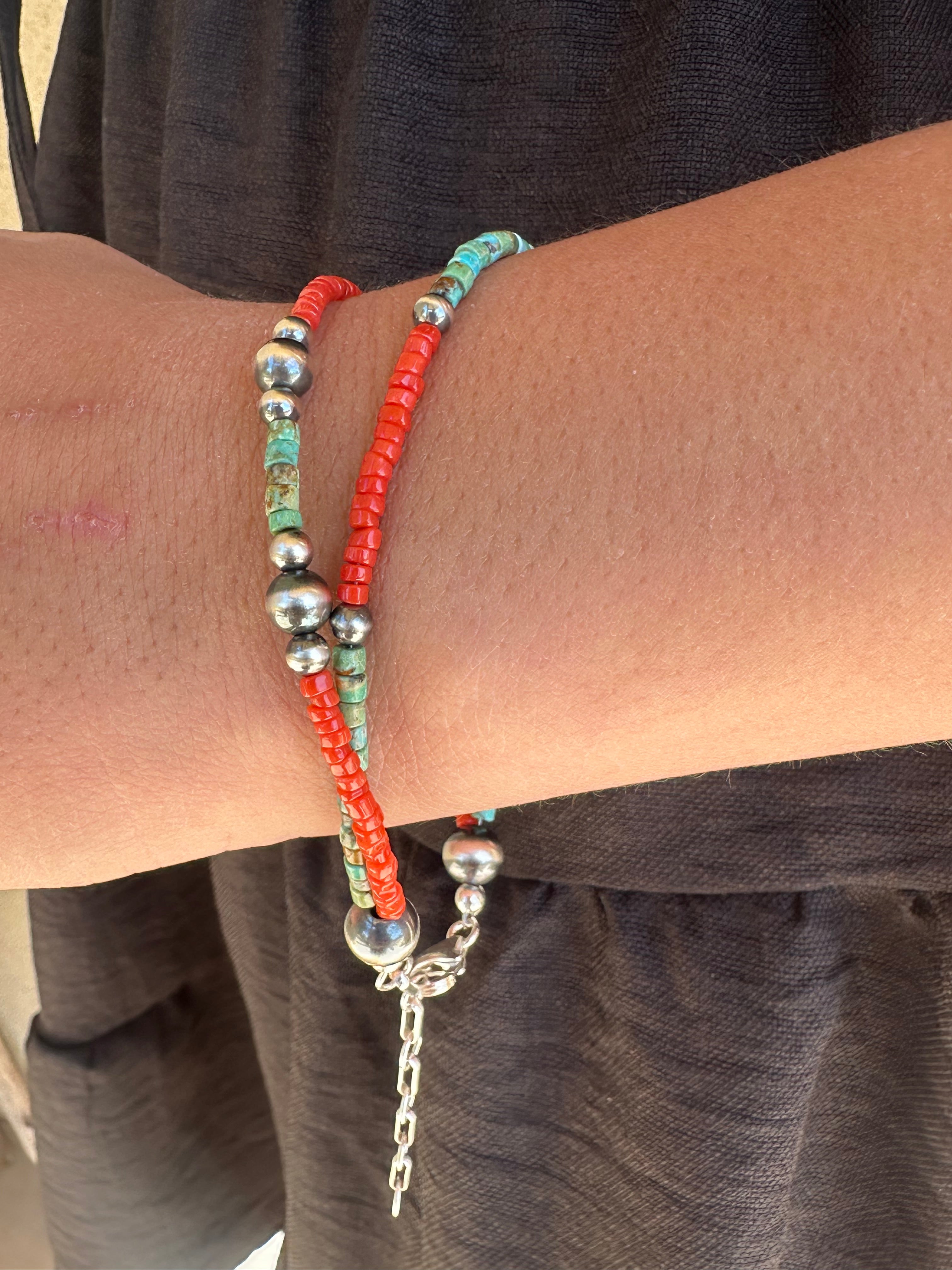 Navajo Turquoise & Coral Heishi Bracelet with Desert Pearls