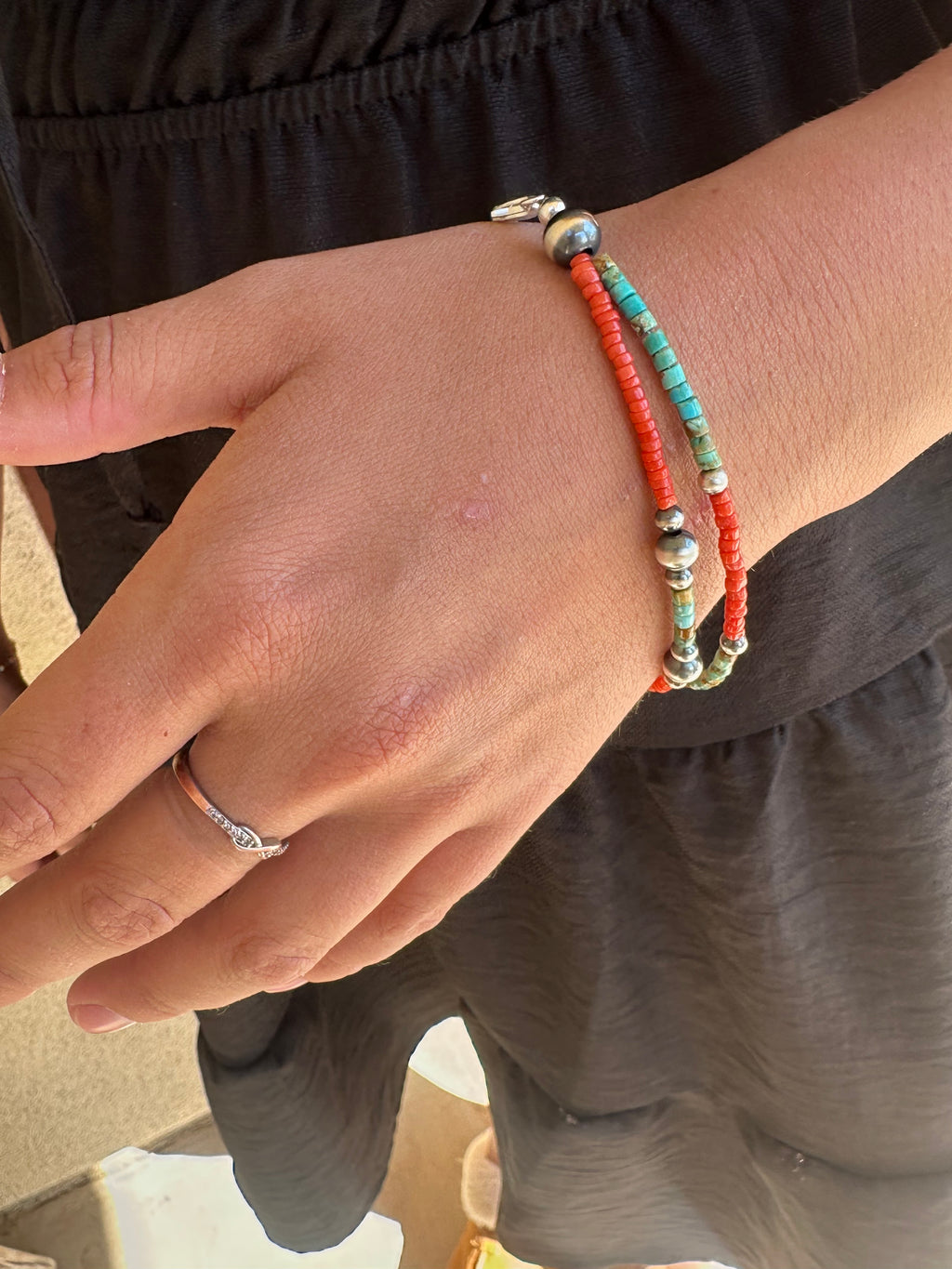 Navajo Turquoise & Coral Heishi Bracelet with Desert Pearls
