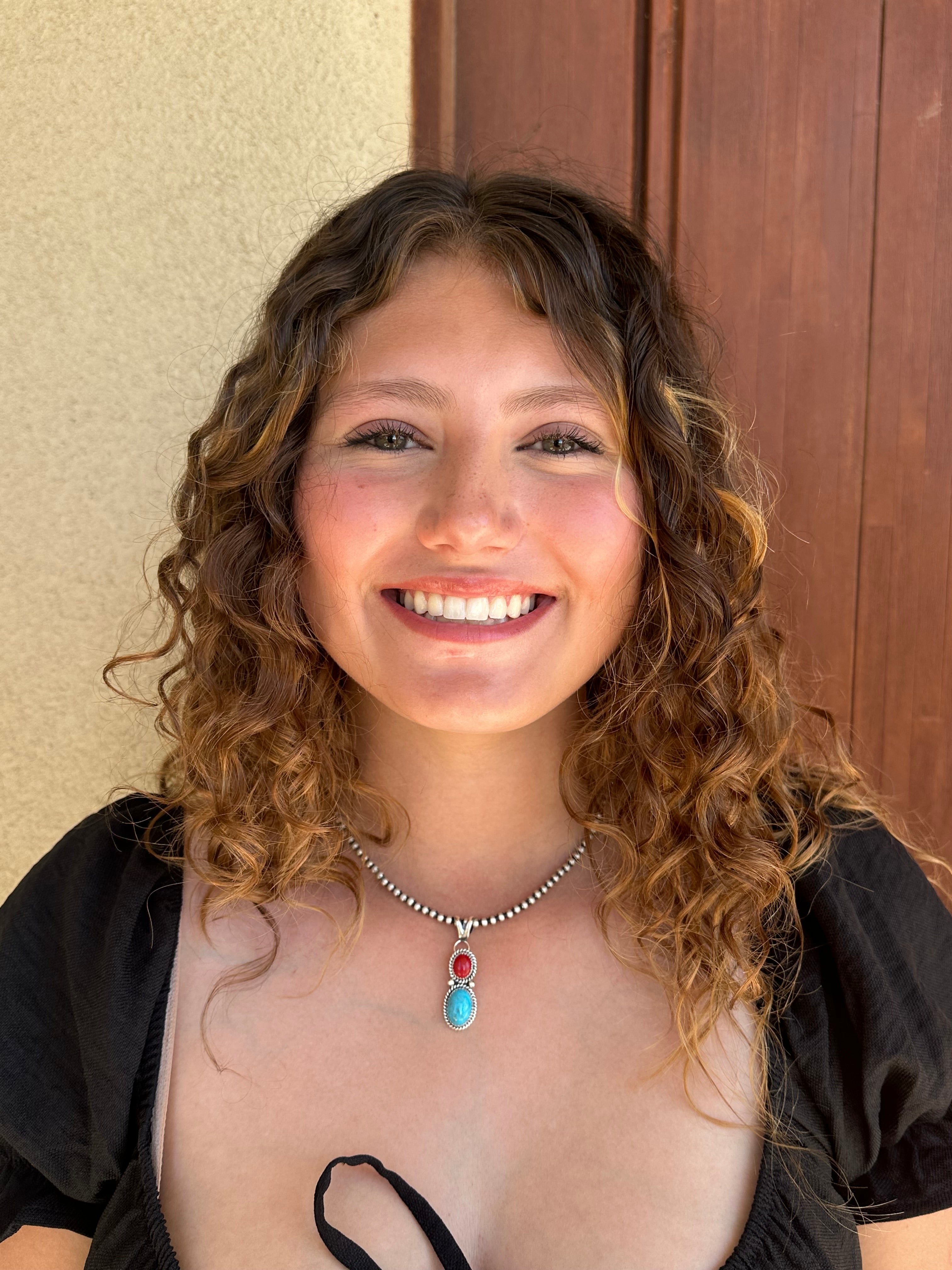 Turquoise & Coral Pendant with Sterling Silver Bead Necklace - 16"