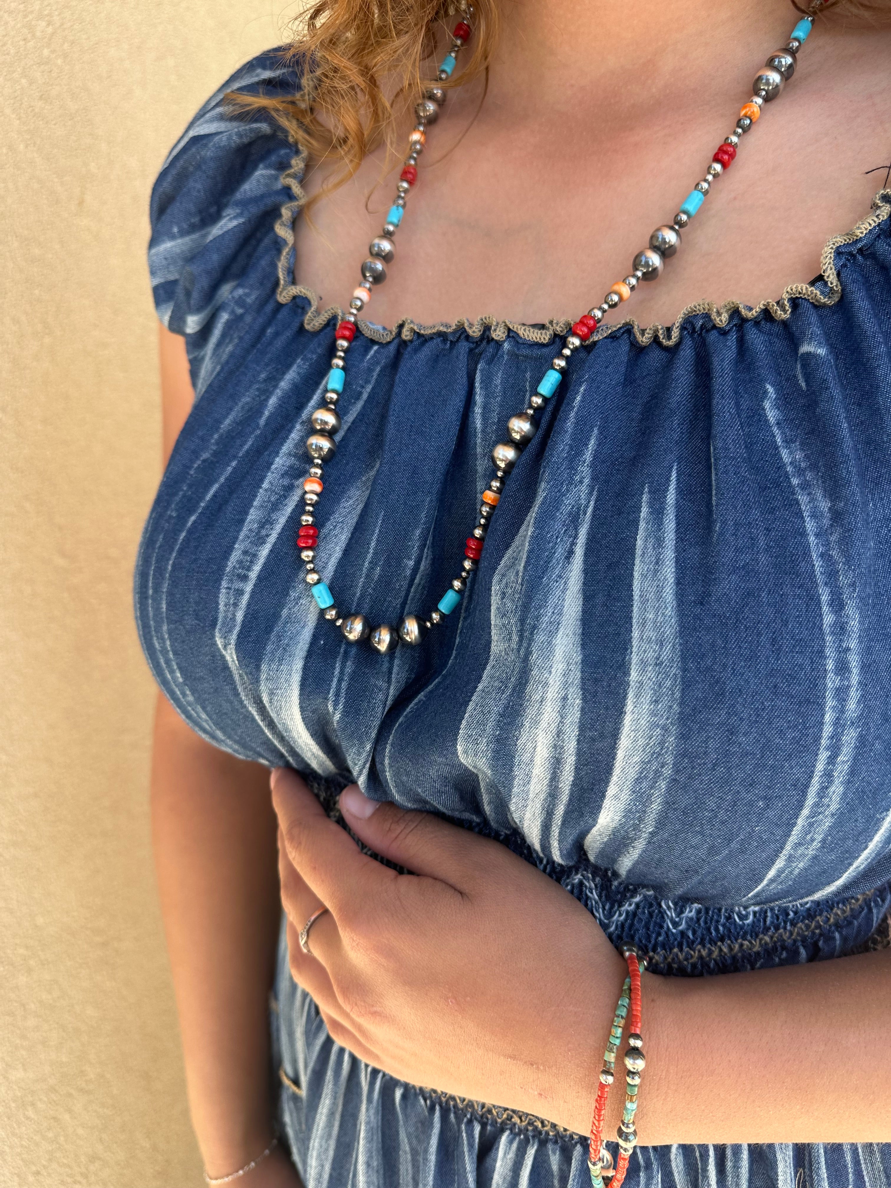 Navajo Multi-Stone Desert Pearl Necklace - Turquoise, Coral & Spiny Oyster