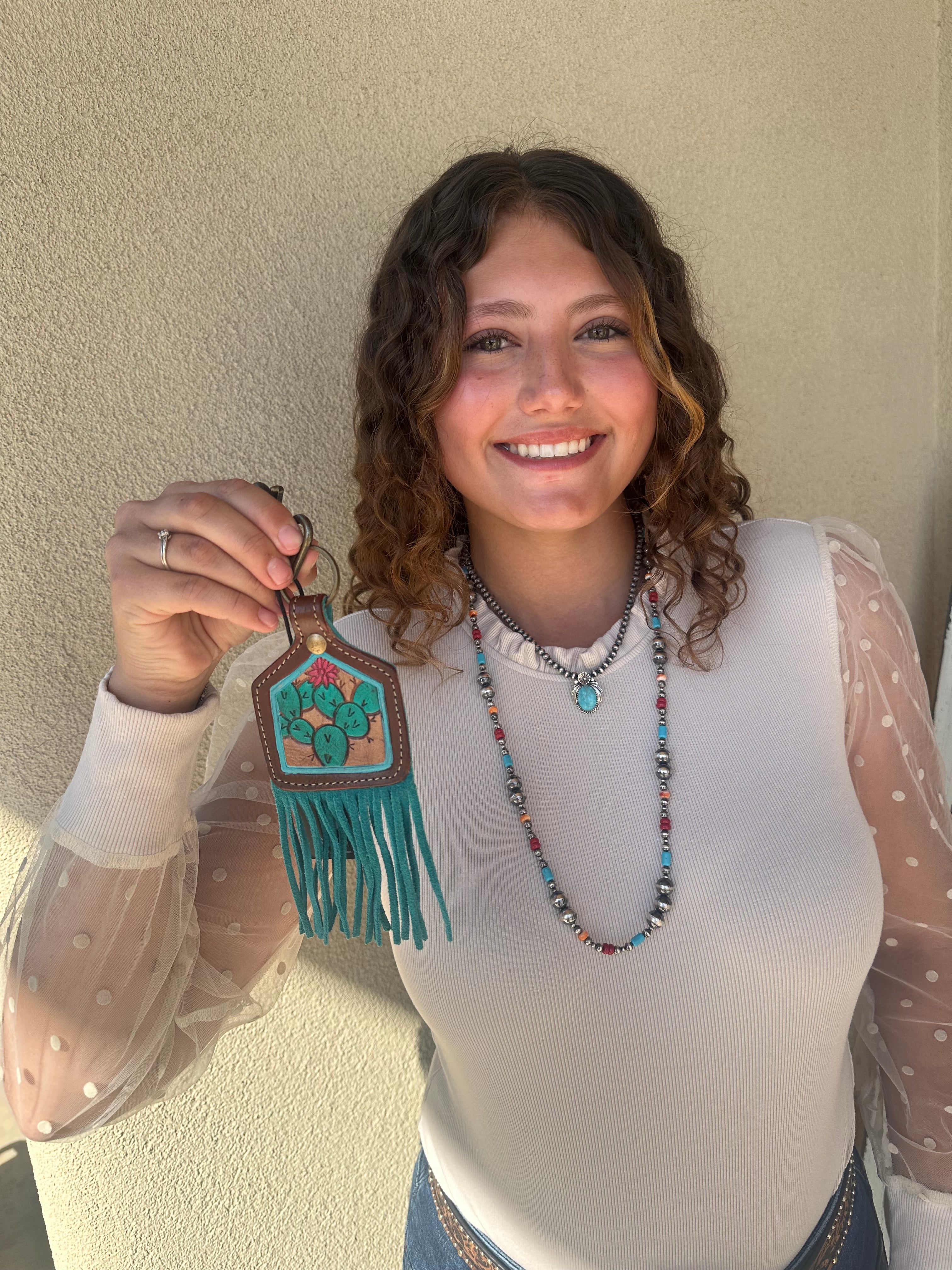 Western Cactus Leather Tassel Keychain