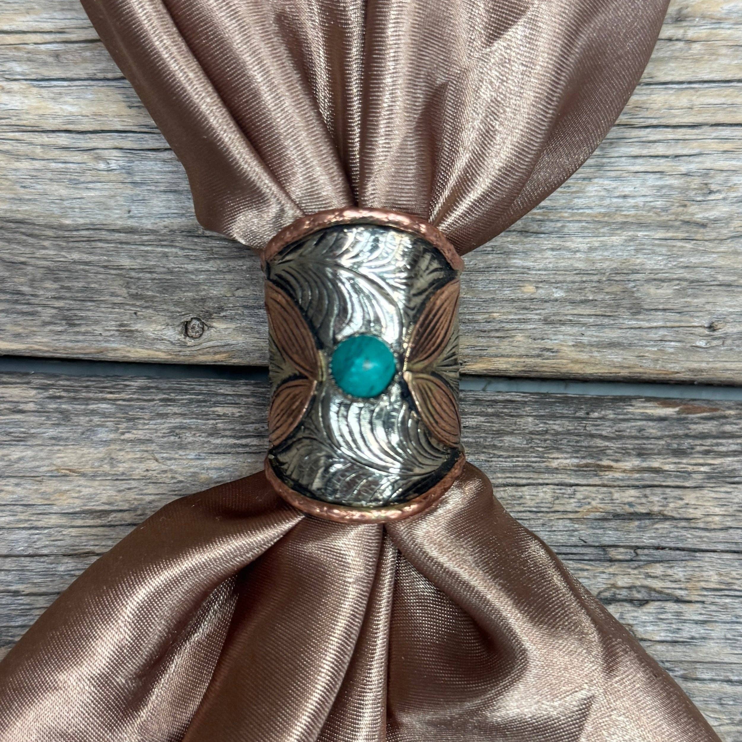 Silver Engraved Copper Leaf with Turquoise Wild Rag Slide