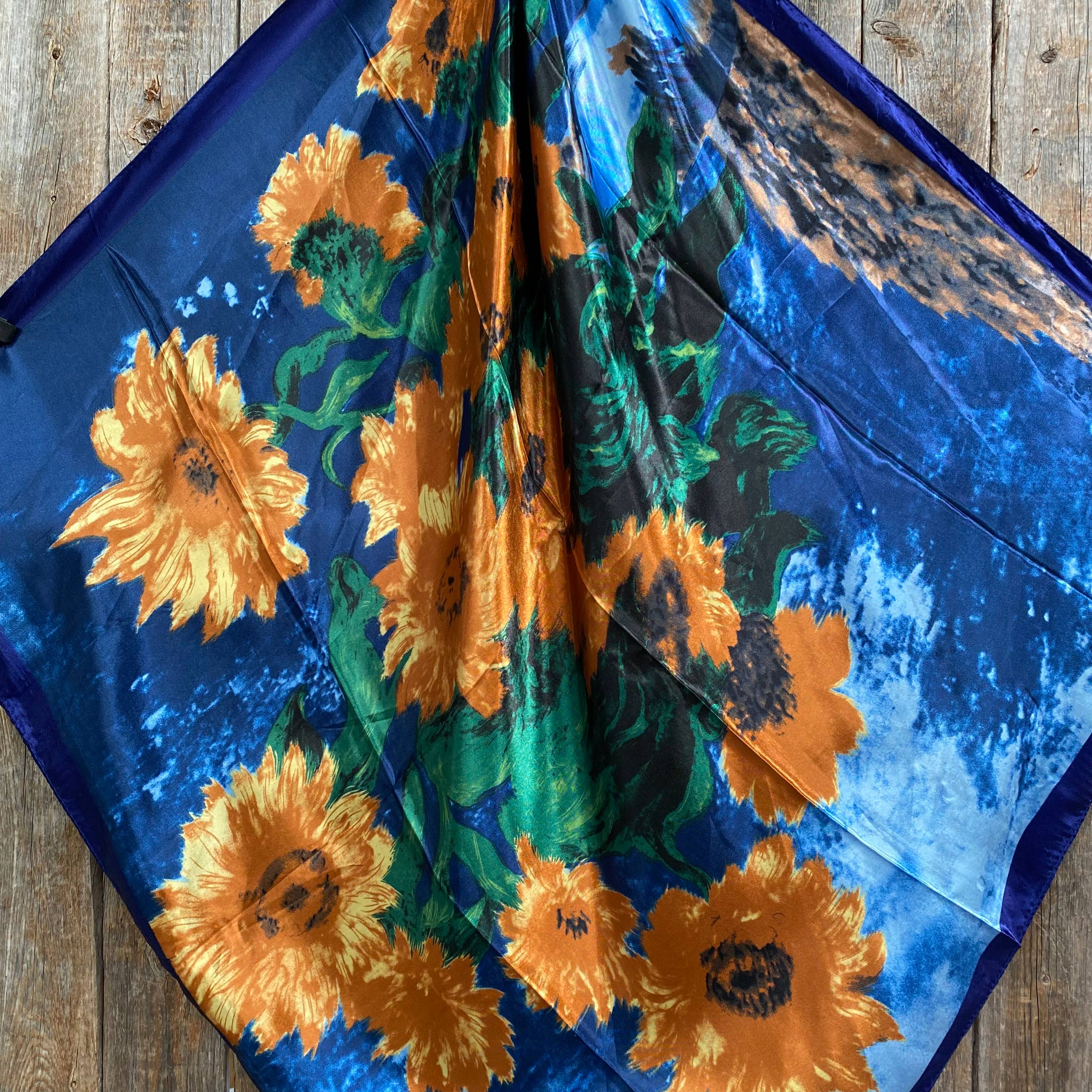 Blue Painted Sunflowers Wild Rag / Scarf 35X35"