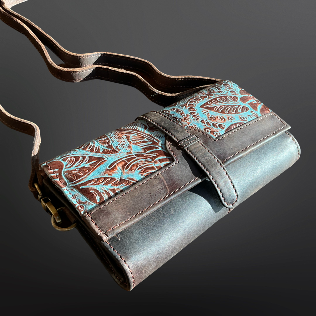 Western Embossed Leather Crossbody Wallet Cell Phone Size