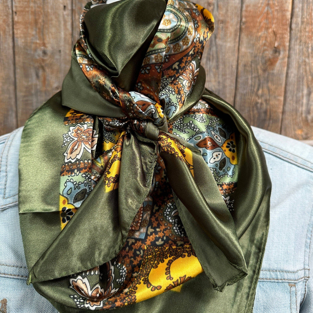 Olive Tone Paisley Wild Rag / Scarf 35X35"