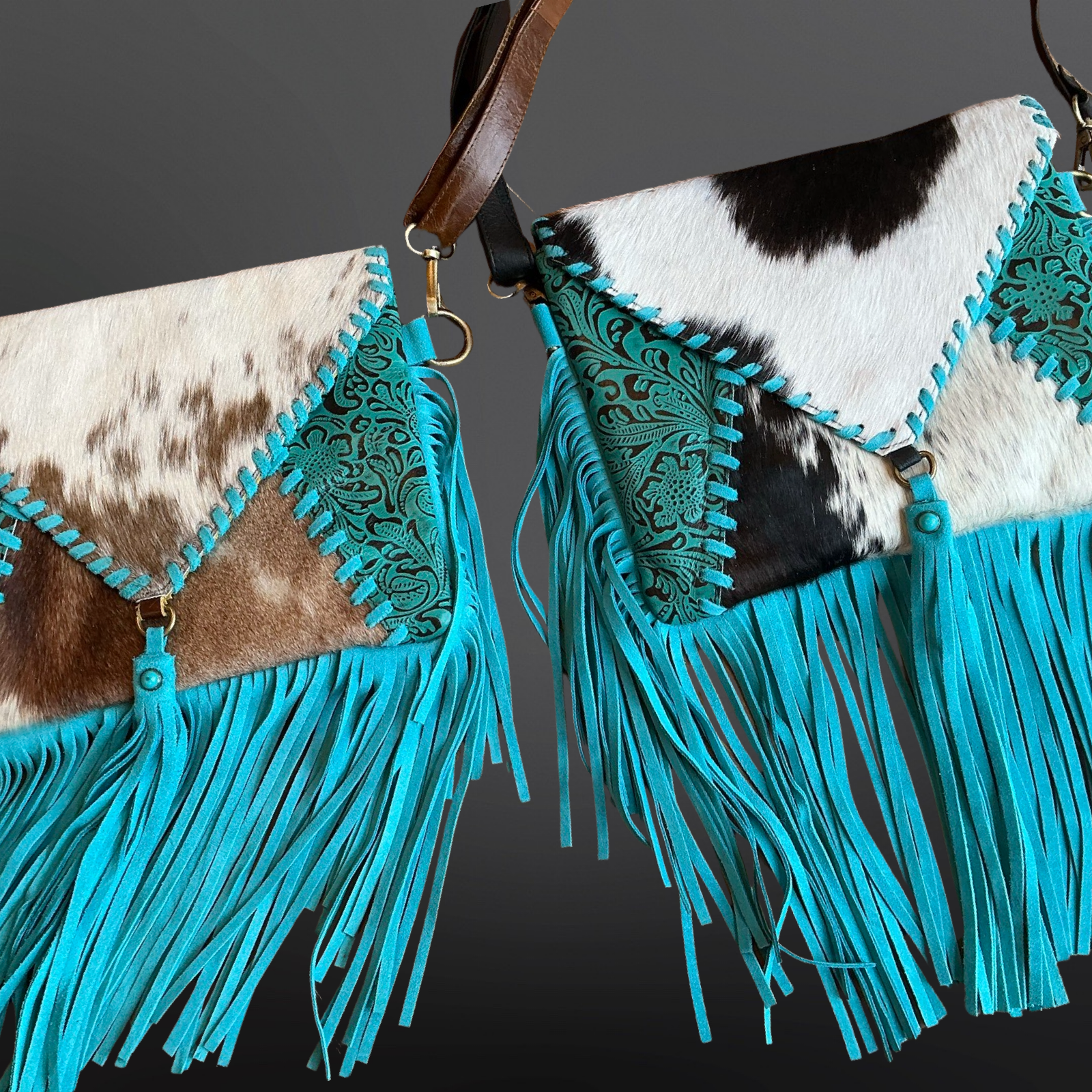 Western Turquoise Fringe Cowhide Leather Handbag