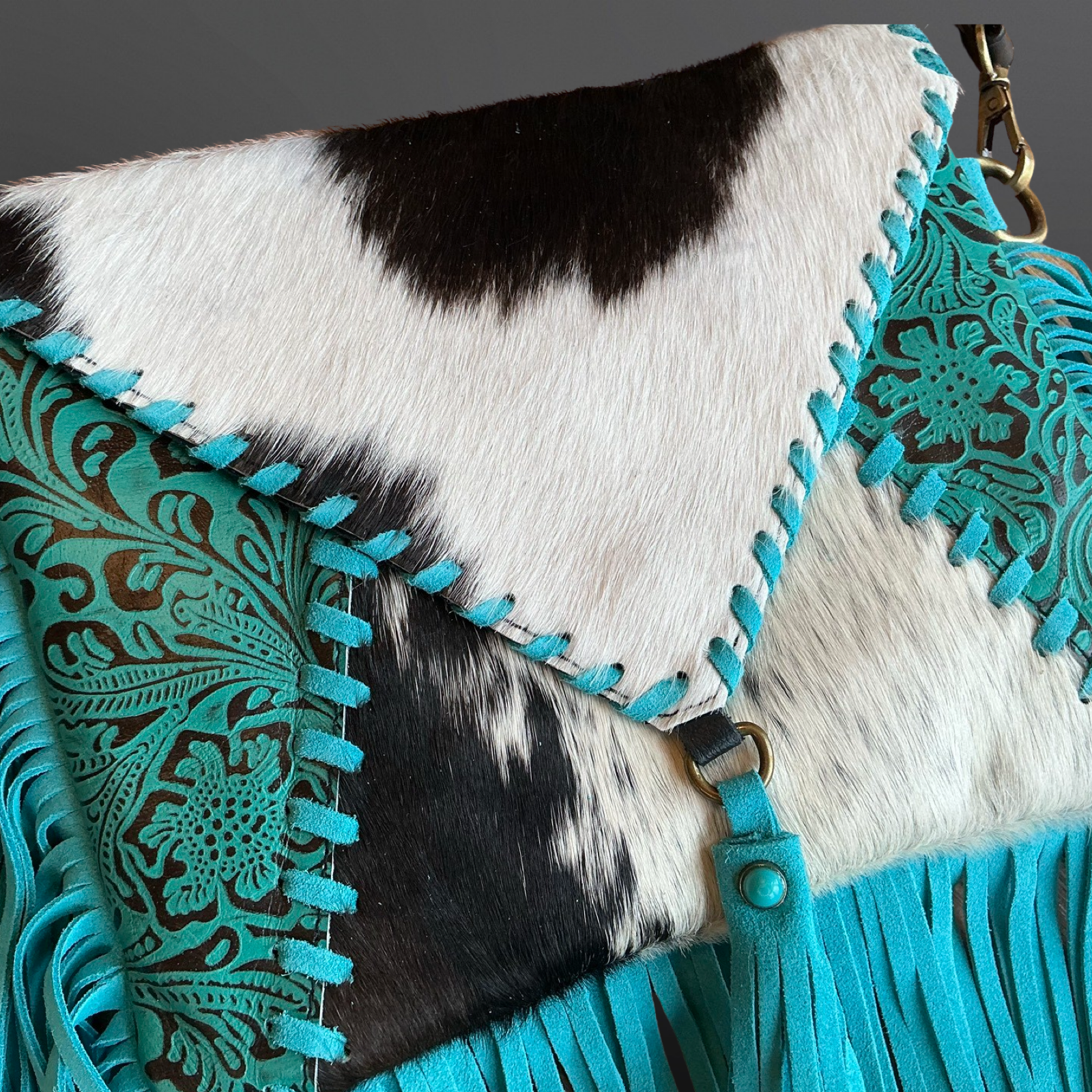 Western Turquoise Fringe Cowhide Leather Handbag