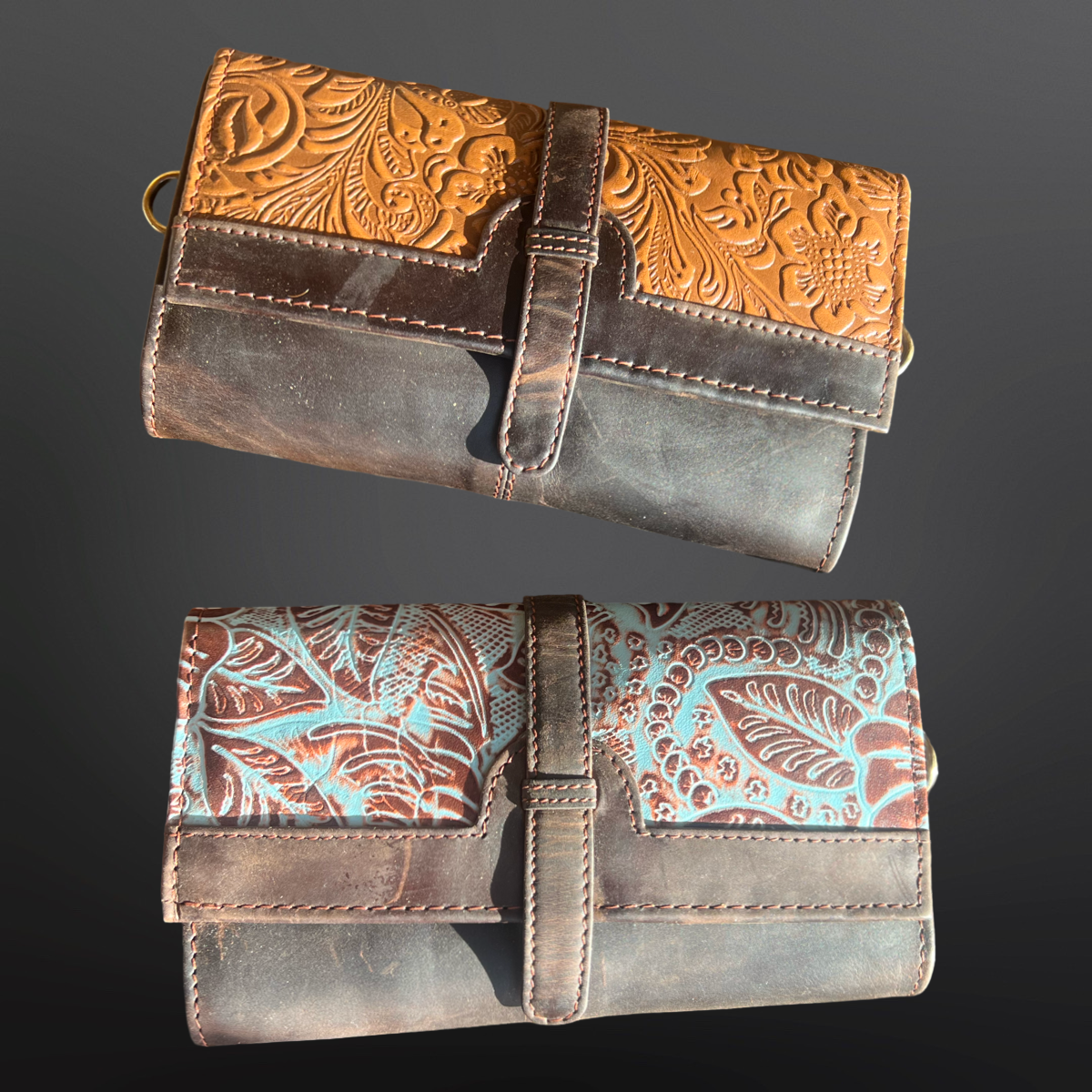 Western Embossed Leather Crossbody Wallet Cell Phone Size